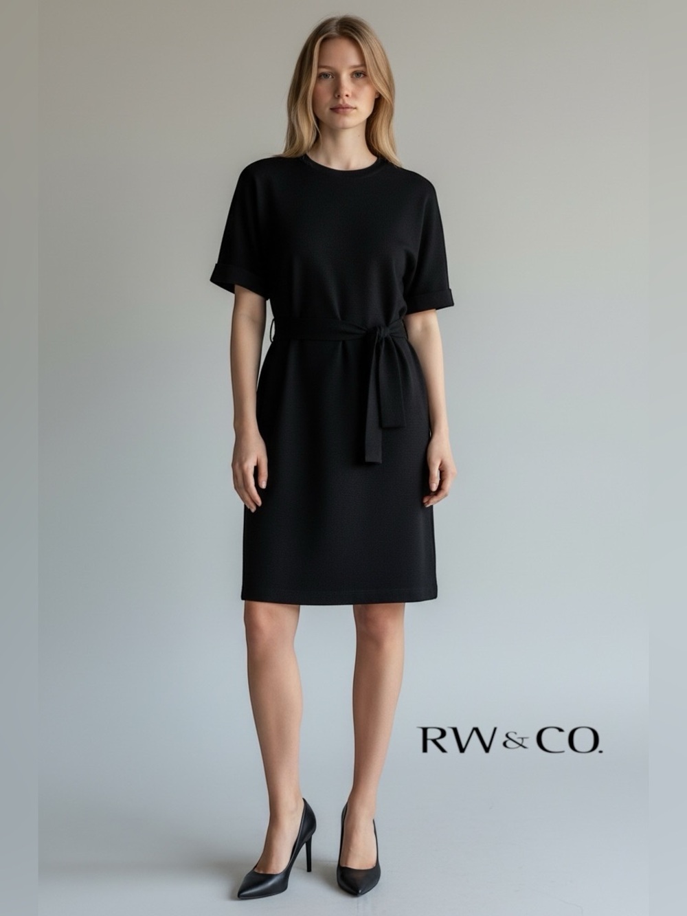 RW&CO, Black Stretch Belted Shift Dress, Medium, Pockets Career Minimalist